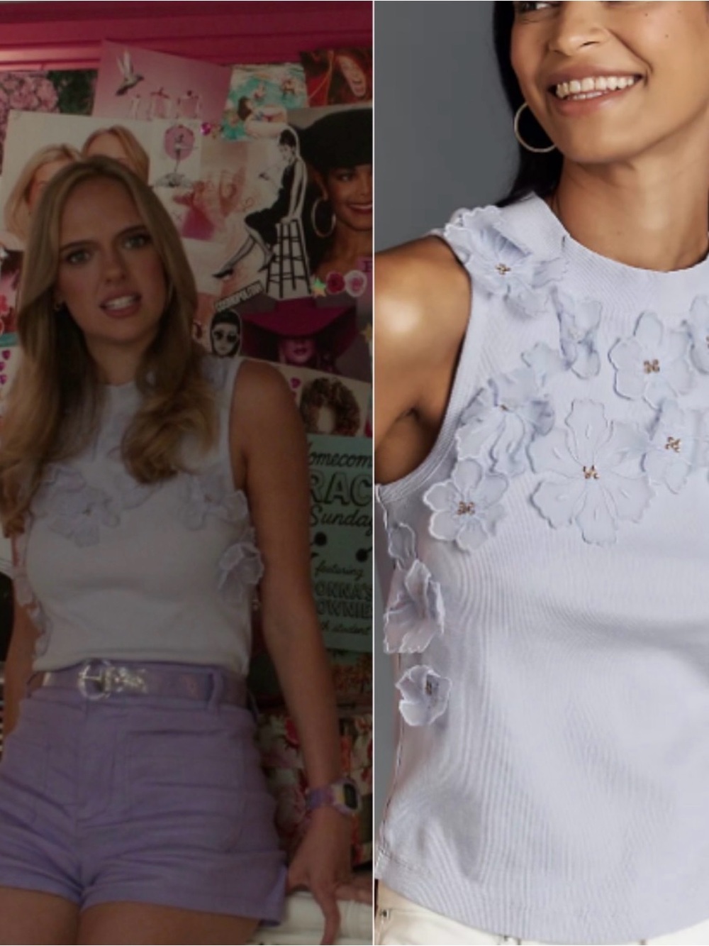 Anthropology L 3D Floral appliqué lavender ribbed shabby chic tank as on Elle